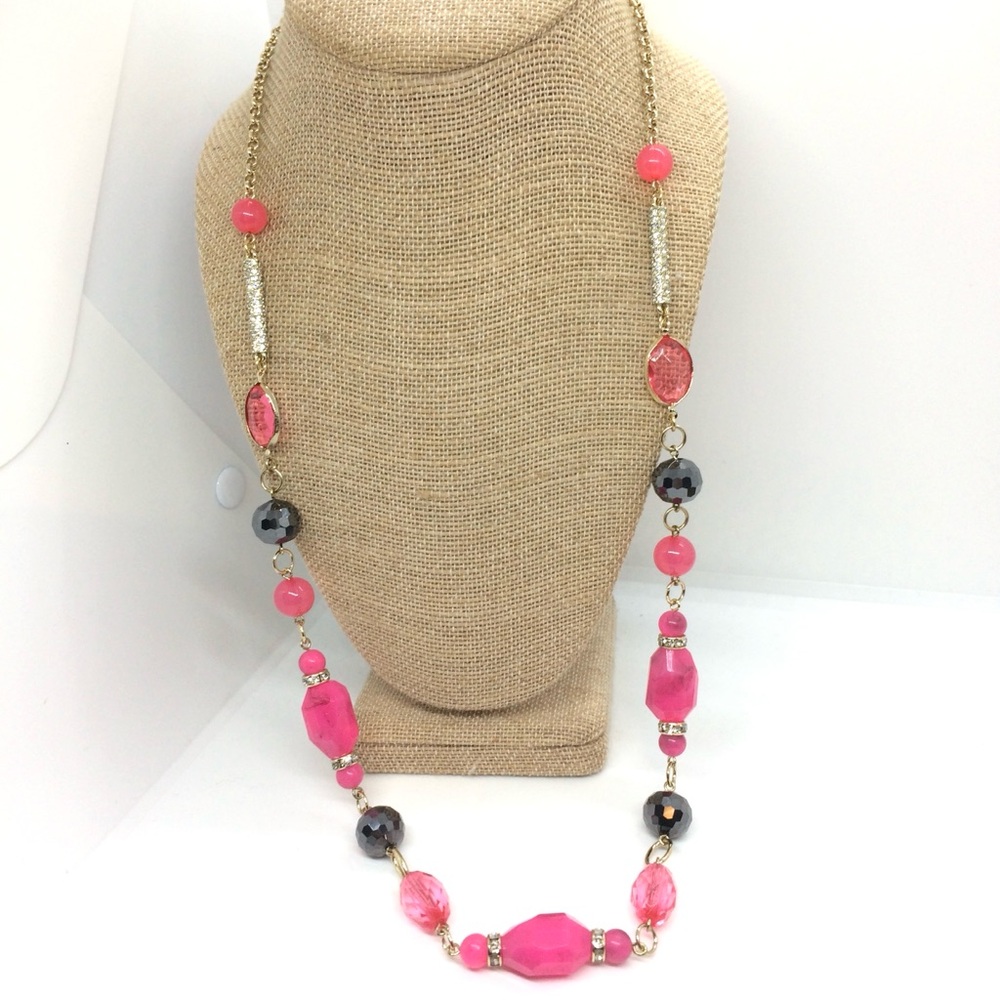 3/$30 NWT LYDELL NYC PINK BLACK GOLD TONE ACRYLIC BEAD RHINESTONE NECKLACE 28”